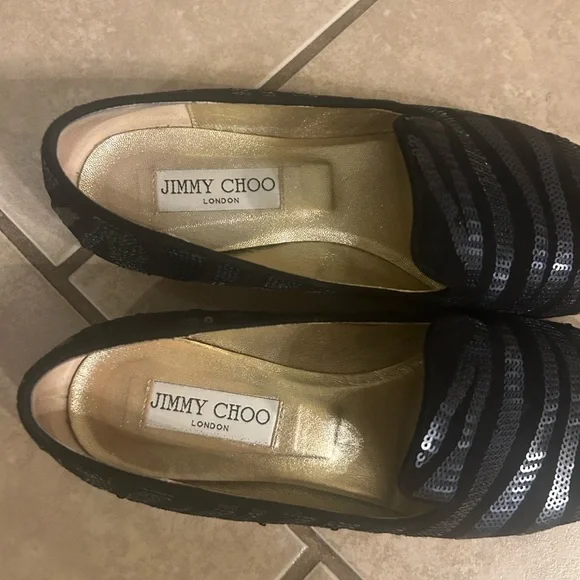 Jimmy Choo 7.5 black velvet with navy sequins gold inside loafers - Picture 11 of 12